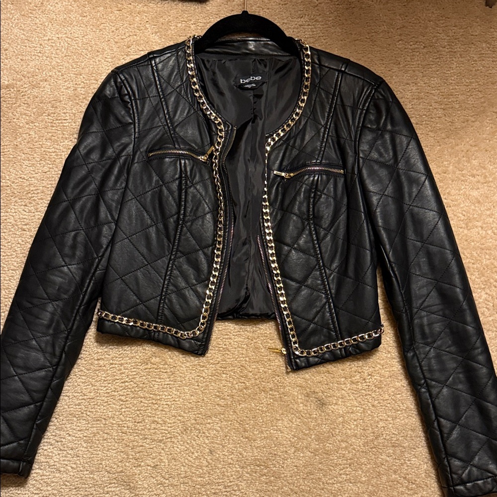 Bebe Black Leather Jacket with Chain Accents
